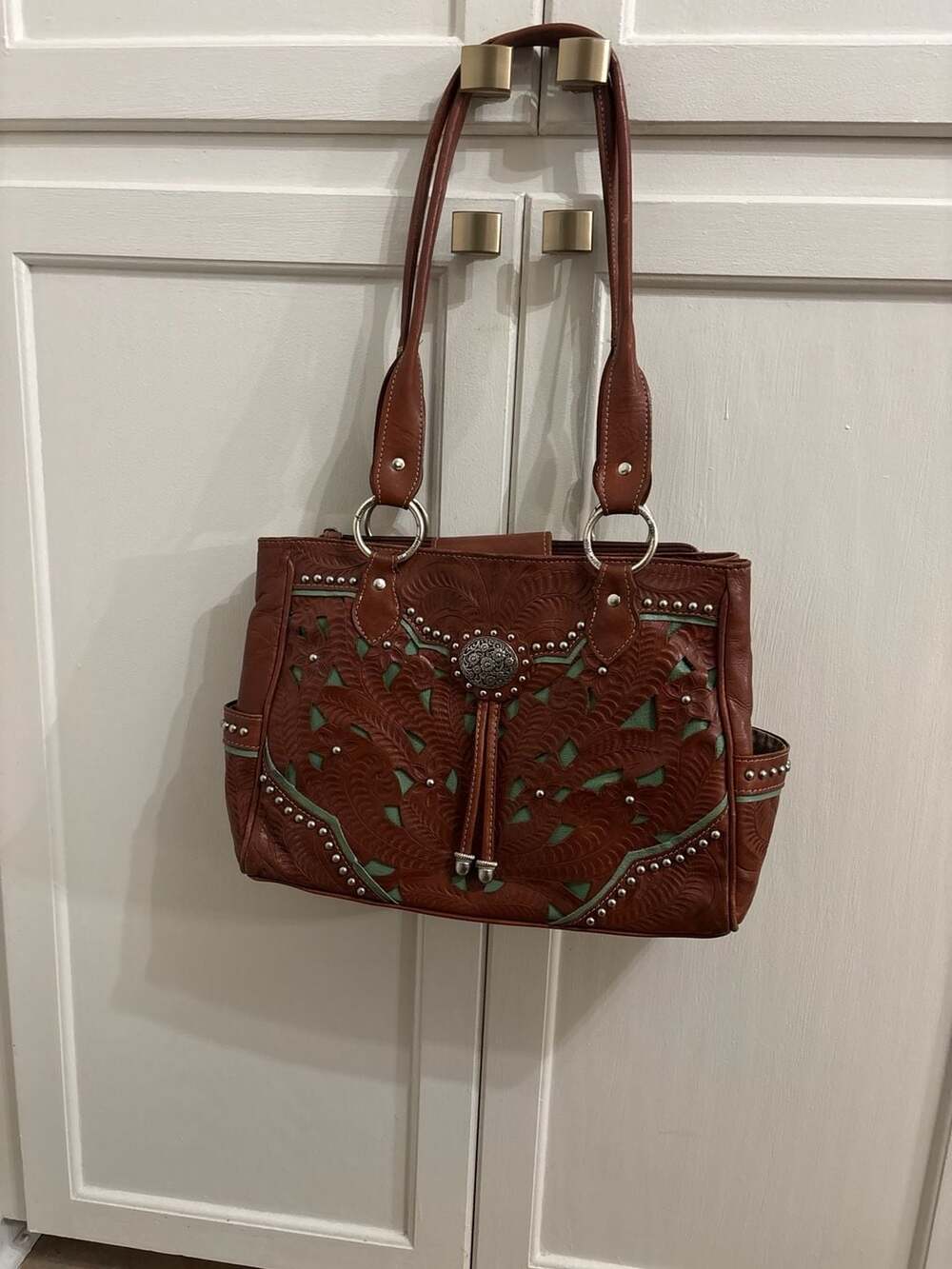 American West Hand Tooled Leather Shoulder Bag with Green Inlay and Silver Studs